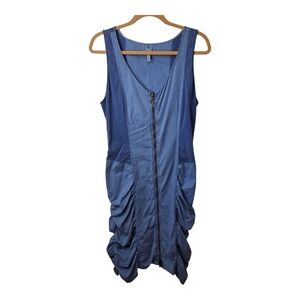 XCVI Wearables Raymond Dress Blue Size M Zip Front Ruched Body Con Sexy V Neck